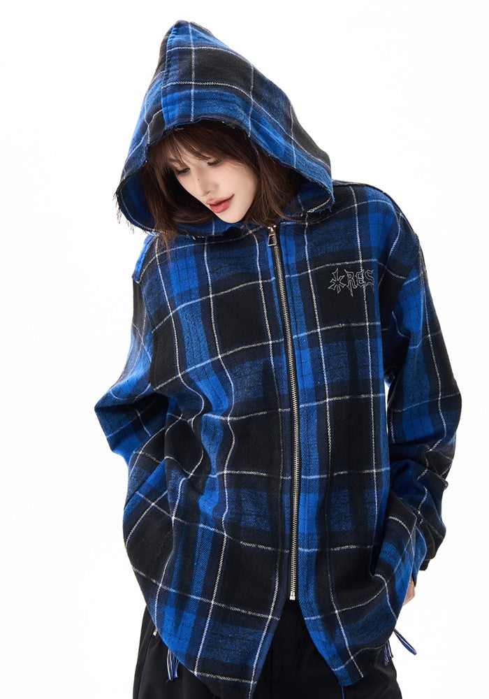 【H GANG X】Back print blue navy color check design full zip hoodie  HX0097