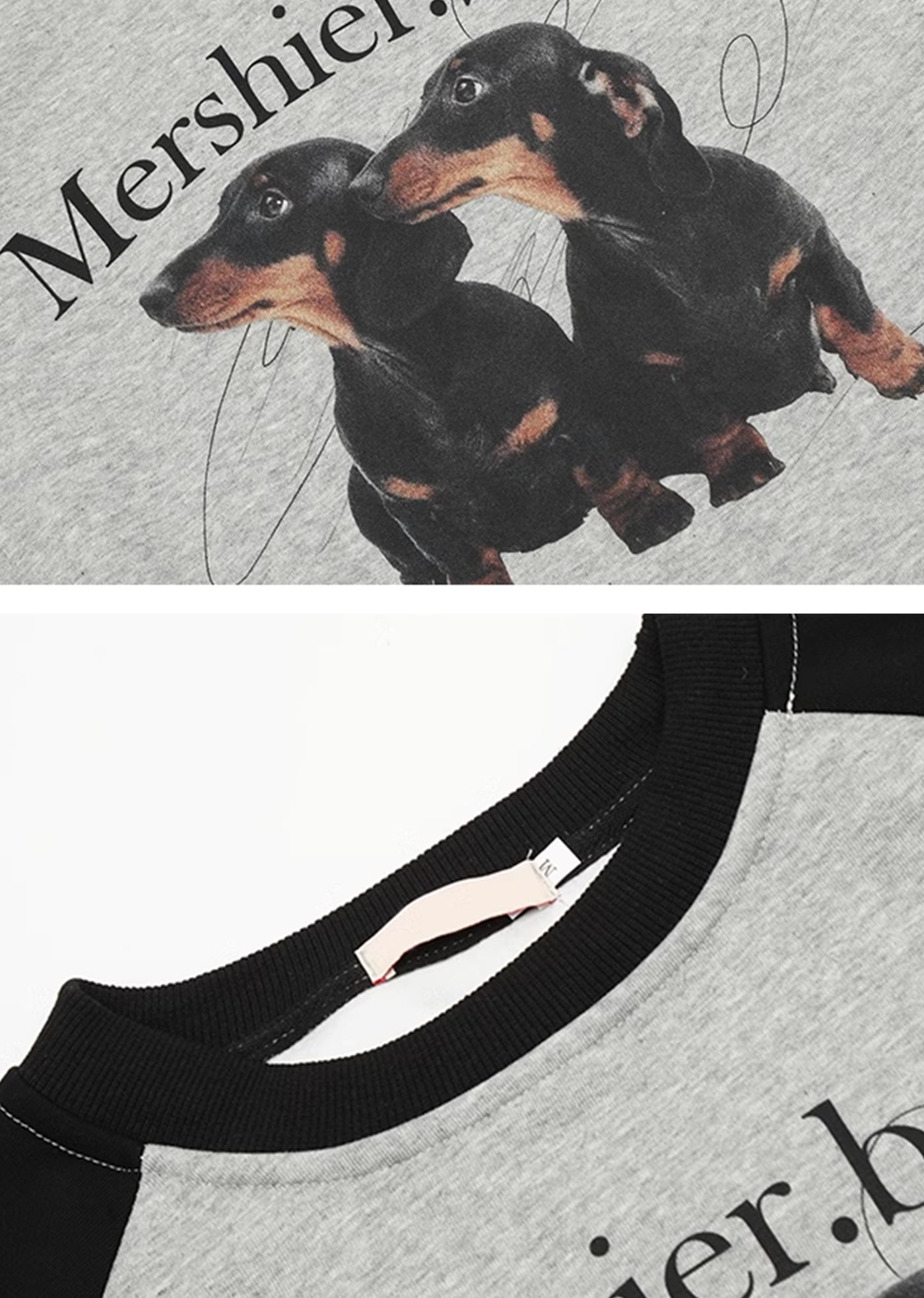 【VINMUK】Front Dog Illustration Design Bicolor Long Sleeve T-Shirt  VM0012