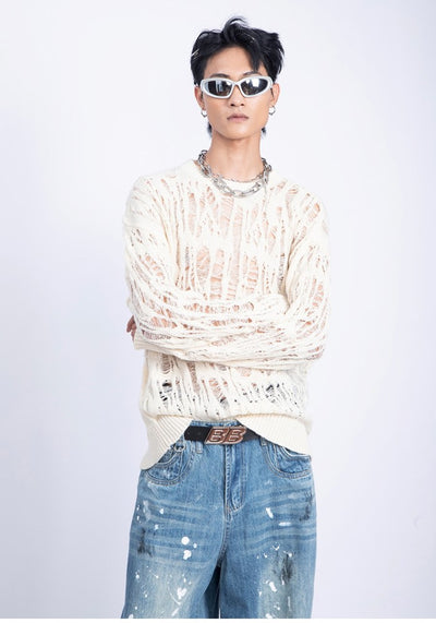 【PLAN1ONE】Mesh-like fully distressed accent fleur knit sweater  PL0044