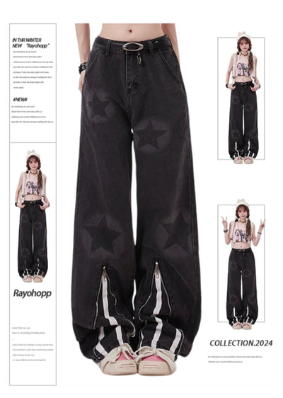 [Rayohopp] Around star pattern and line design denim pants RH0102