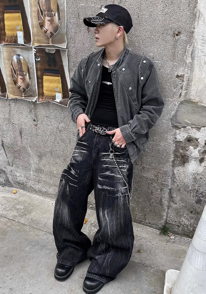 【DARKFOG】Fully washed design basic black denim pants  DF0041