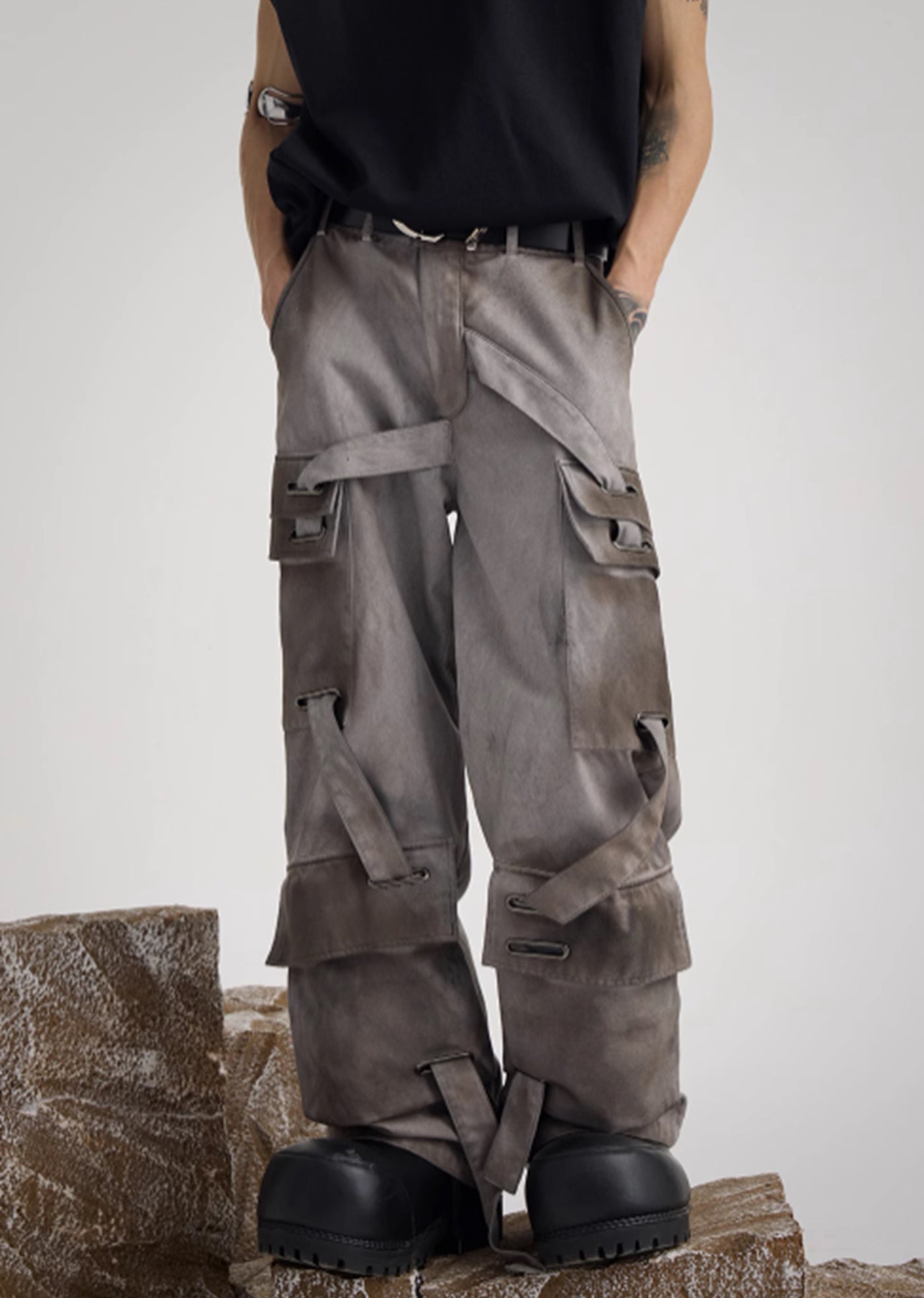 【FLYERRER】Myriad suspender trip processing wide chocolate casual pants  FE0006
