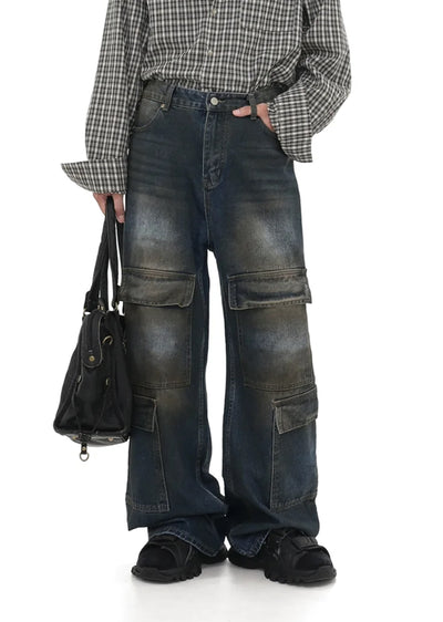 【GIBBYCNA】Dull wash design blue design cargo denim pants  GC0021