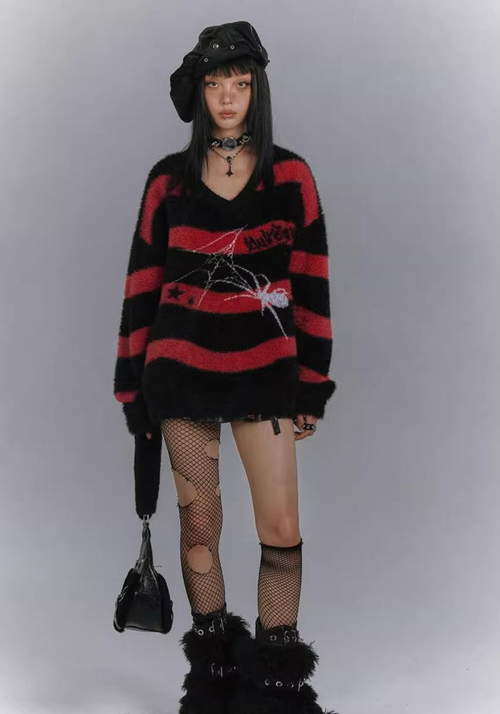 【YUKAHOUSE 】Subculture style spider design red border knit  YO0013