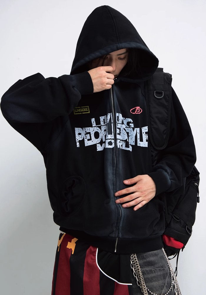 【People Style】Wordler Dull Base Wash Full Zip Initial Hoodie  PS0042