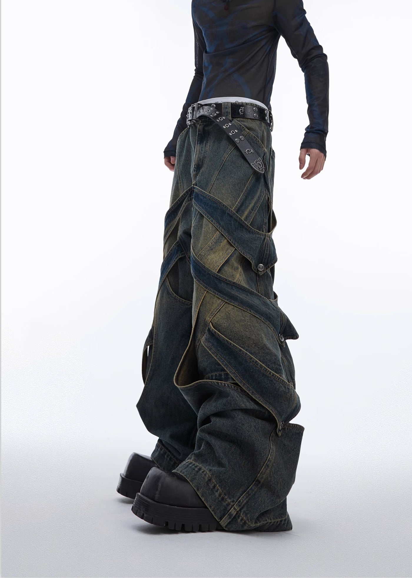 【Culture E】Dull wash cross infinity design denim wide pants  CE0146