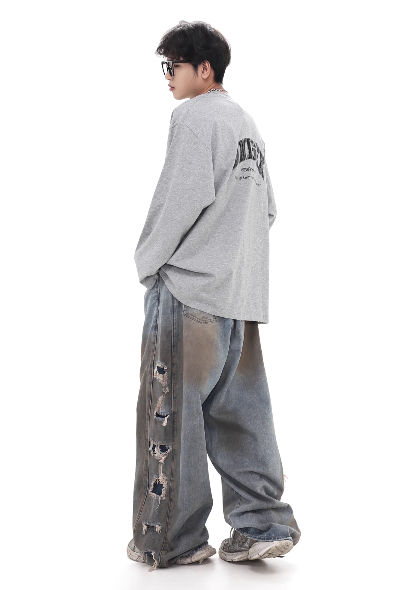 【GIBBYCNA】Grunge style stain design draw damage wide denim pants  GC0017