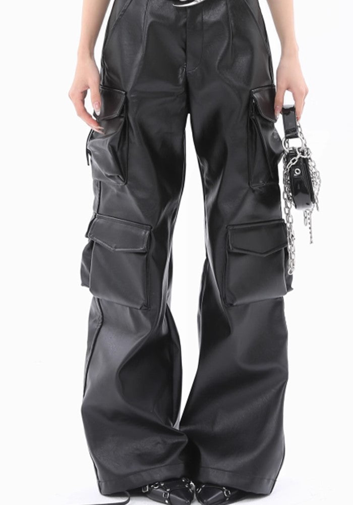 【ROY11】Multi-pocket design wide straight leather cargo pants  RY0001