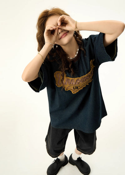 [H GANG X] American casual style initial design dull balance color short sleeve T-shirt HX0051