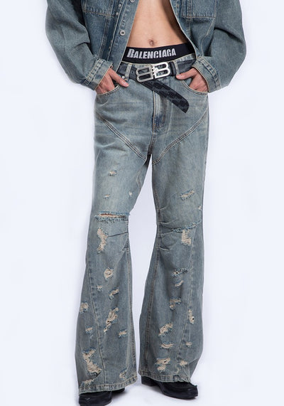 【PLAN1ONE】Grunge scattered distressed vintage style flared denim pants  PL0043