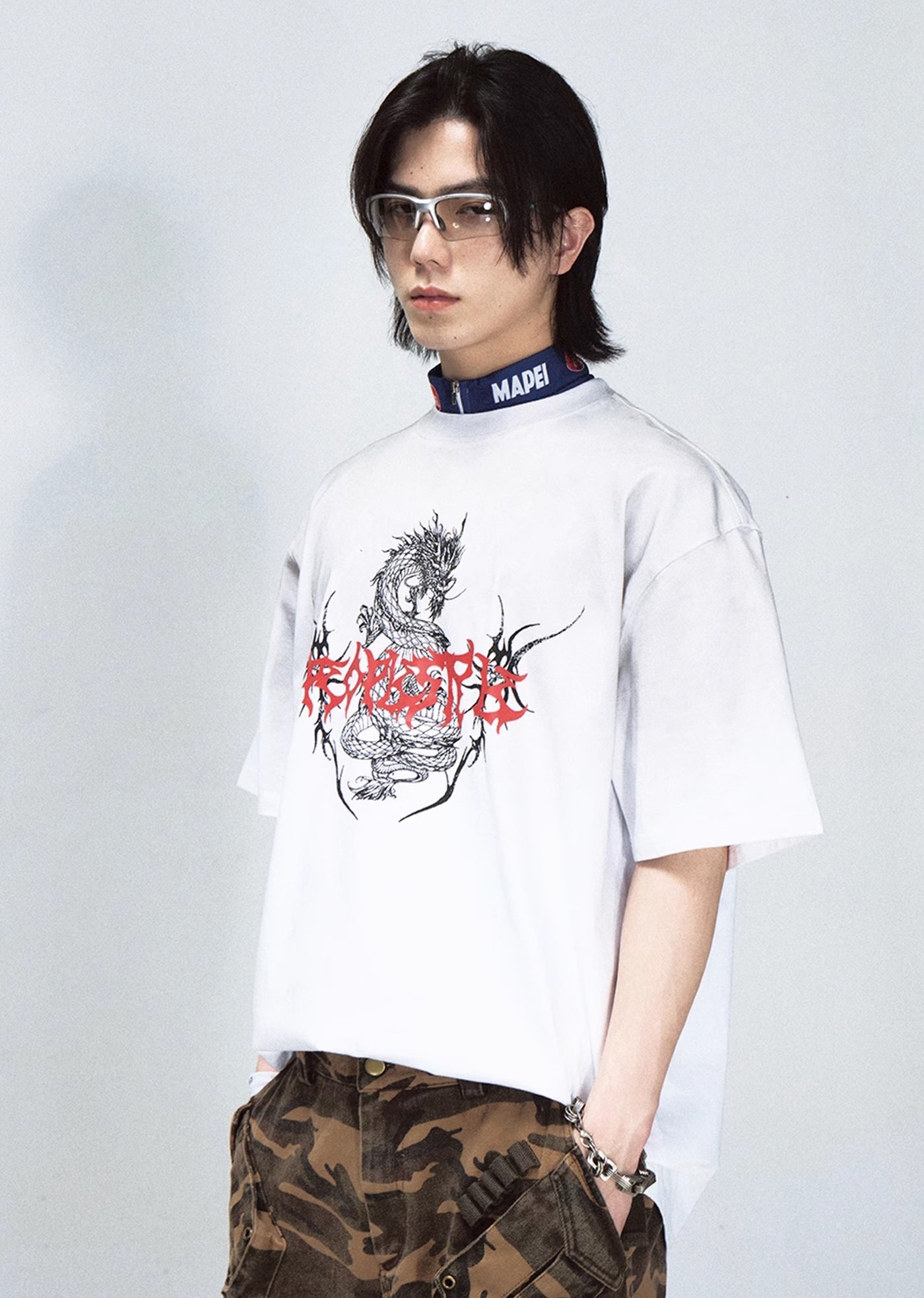 【People Style】Brand initials plus dragon design over short sleeve T-shirt  PS0036