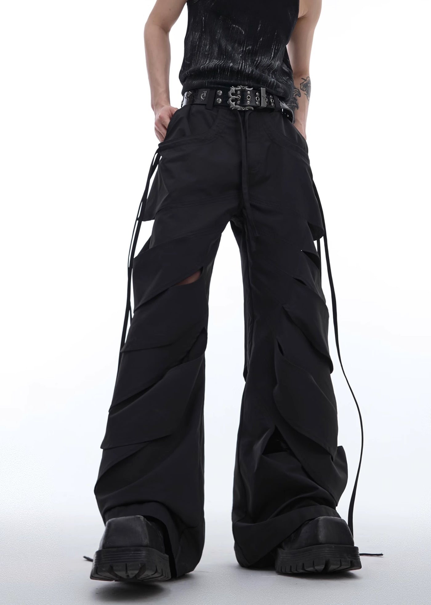 【Culture E】Countless Cut Wide silhouette multi-varied design slacks leather pants  CE0145