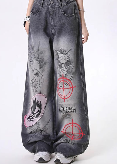 【Rayohopp】Front multi-graffiti design washed denim pants  RH0127