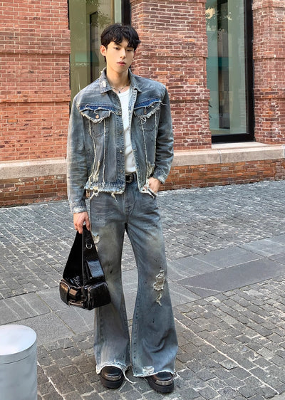 【CUIBUJU】Vintage faded washed distressed denim setup  CB0042