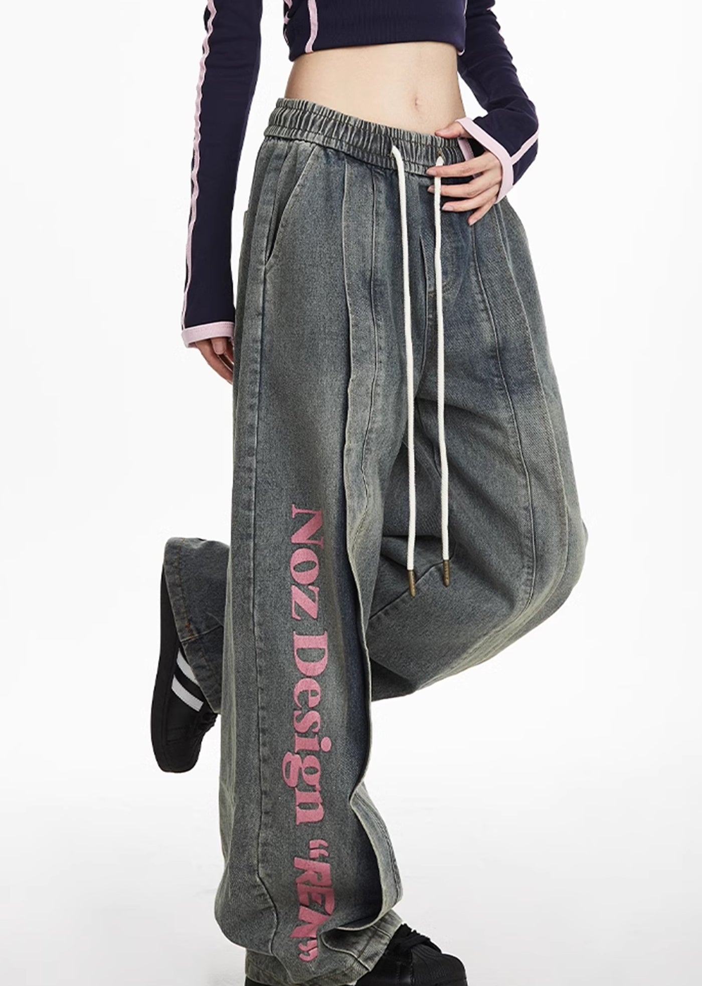 【NOONOZ】One-point pinky initial design wide blue denim pants  NN0002