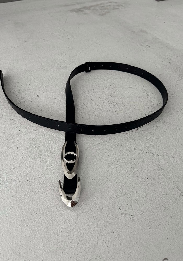 【MARTHENAUT】Silver glossy logo design gimmick leather-like belt  MH0057