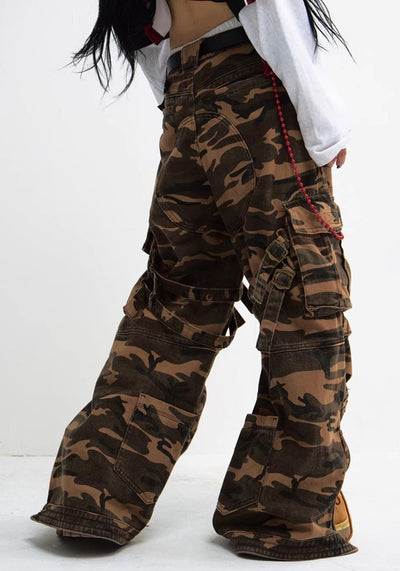 【People Style】Wide silhouette camouflage design dark color cargo pants  PS0044