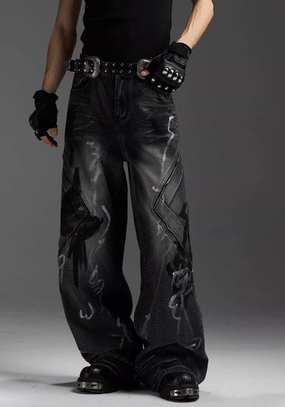 【NOMANIAI 】Blood Darkness Design Color Flame Wide Denim Pants  NA0004