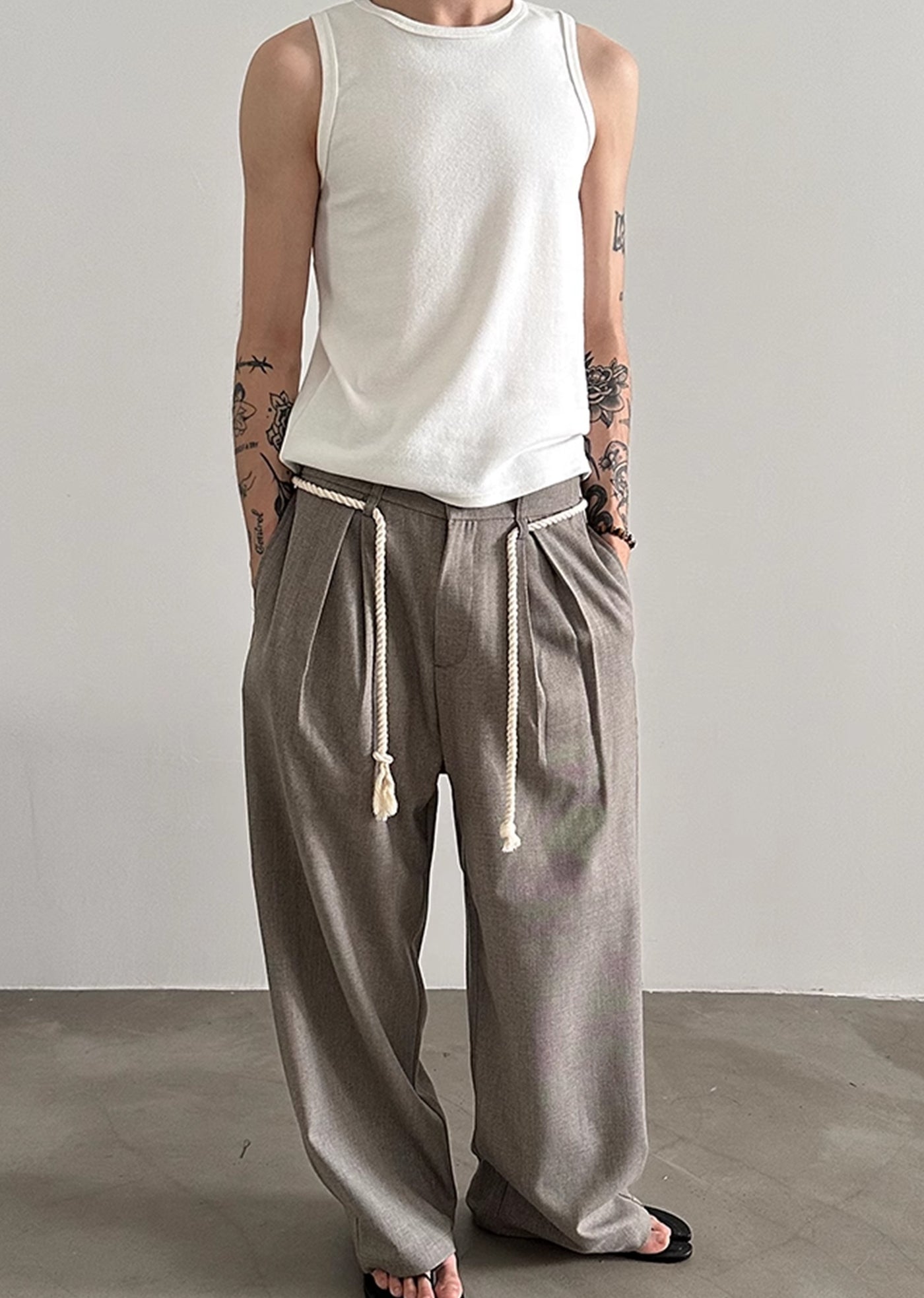 【Very Fewest】Coarse grain fabric design elastic waist slacks pants  VF0034