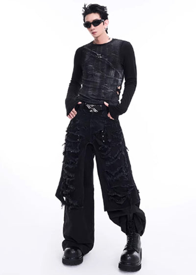 【STARTEXCEEDEND】Full damage gimmick layered style black denim pants  SC0001