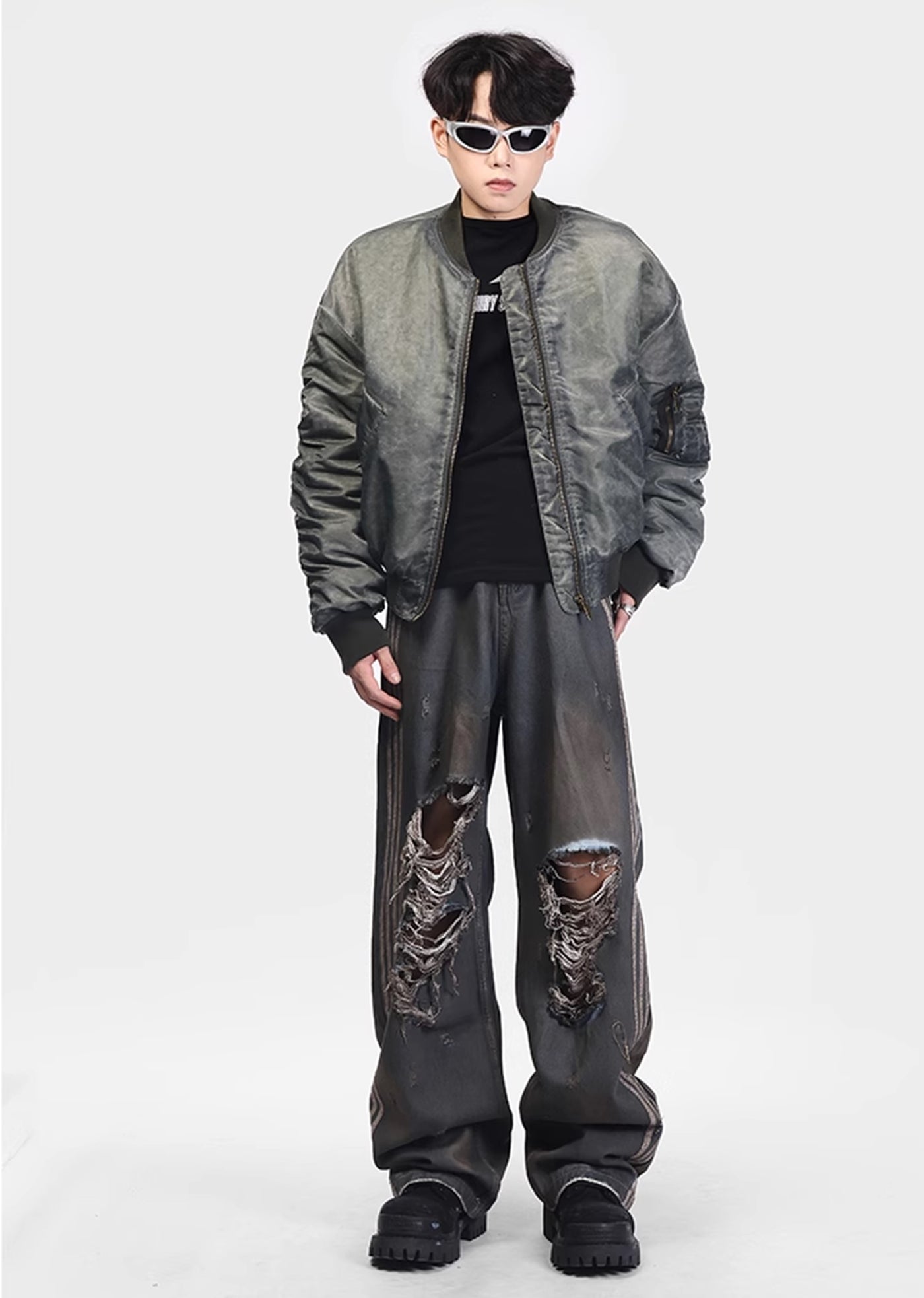 【VINMUK】Frayed and distressed side line design dull denim pants  VM0010