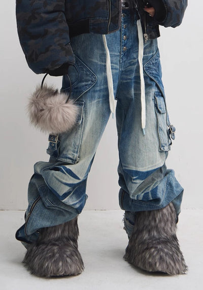 【People Style】Wide base gimmick cargo point mid-wash denim pants  PS0043