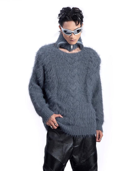 【PLAN1ONE】Mohair-like soft design dull color base knit sweater  PL0048