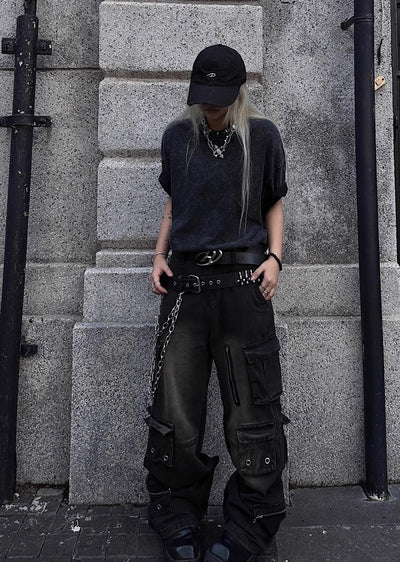 【TR BRUSHSHIFT】Multi-pocket design wide over black cargo denim pants  TB0041