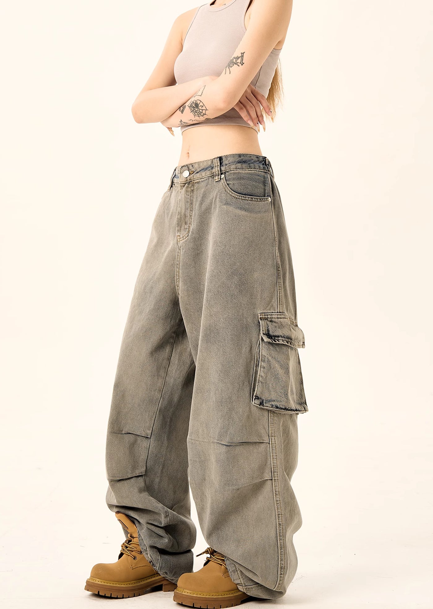 【H GANG X】Basic color design simple cargo denim pants  HX0073