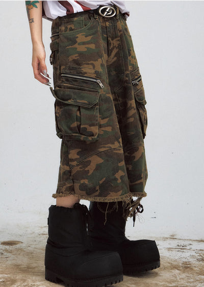 【People Style】Camouflage pattern remade distressed pocket cargo shorts  PS0035