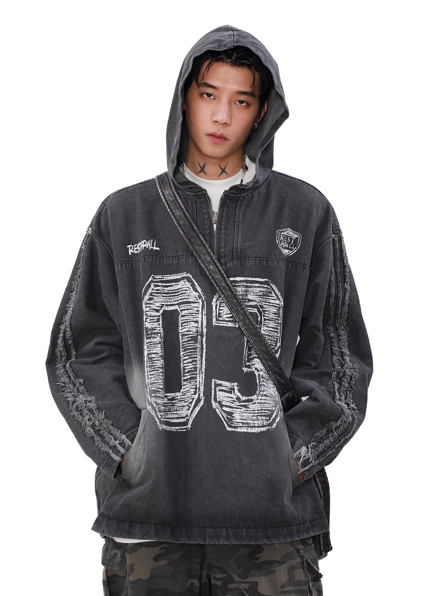 【MR nearly】Dull wash design number initial half zip hoodie  MR0132