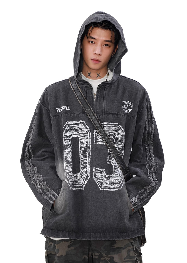 MR nearly】Dull wash design number initial half zip hoodie