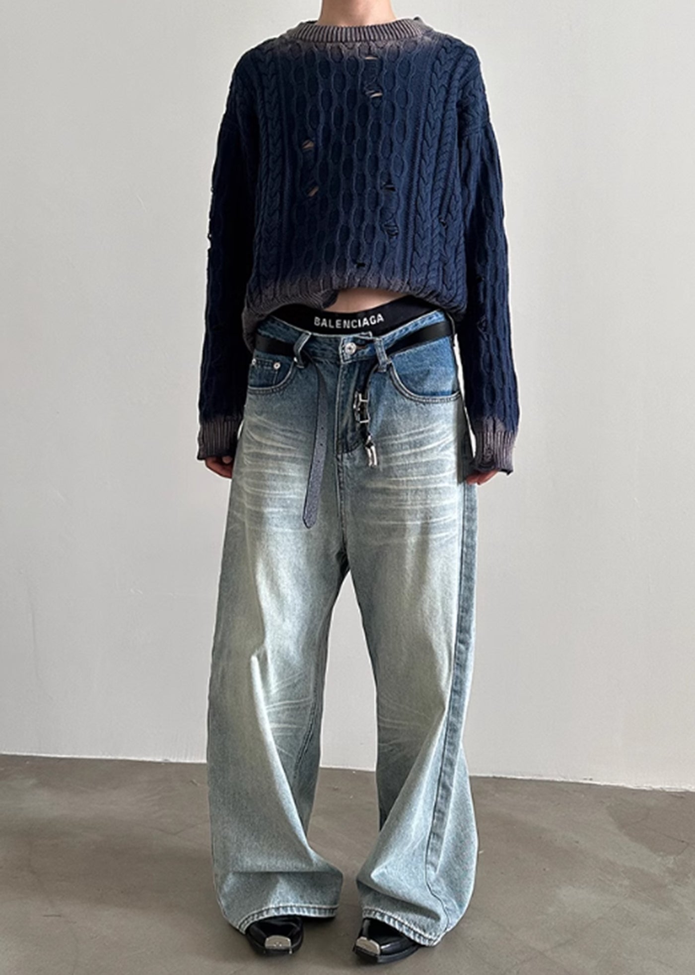 【Very Fewest】Dull base color white blue wide silhouette denim pants  VF0028