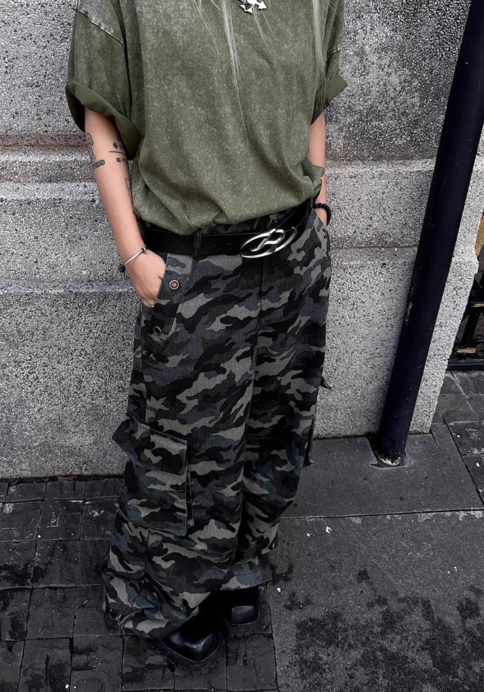 【TR BRUSHSHIFT】Simple camouflage design slim wide silhouette pants  TB0039