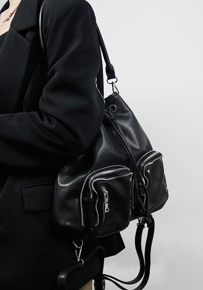 【PRT】Backpack-style drawstring design black bag  PT0006