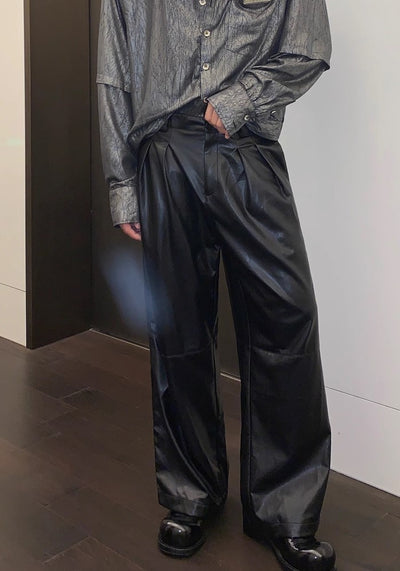 【CUIBUJU】Glossy design wide straight silhouette leather pants  CB0050