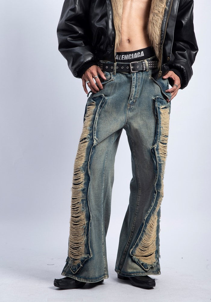 【PLAN1ONE】Side damage processing gimmick design wide straight denim pants  PL0038