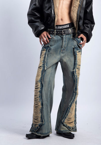 【PLAN1ONE】Side damage processing gimmick design wide straight denim pants  PL0038