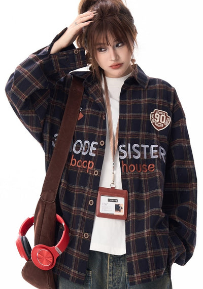 【H GANG X】College logo design American casual style over check long sleeve shirt  HX0093