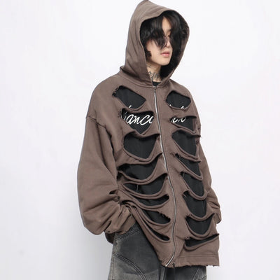 【Mz】Double layer bone-like gimmick design damage wide hoodie  MZ0037