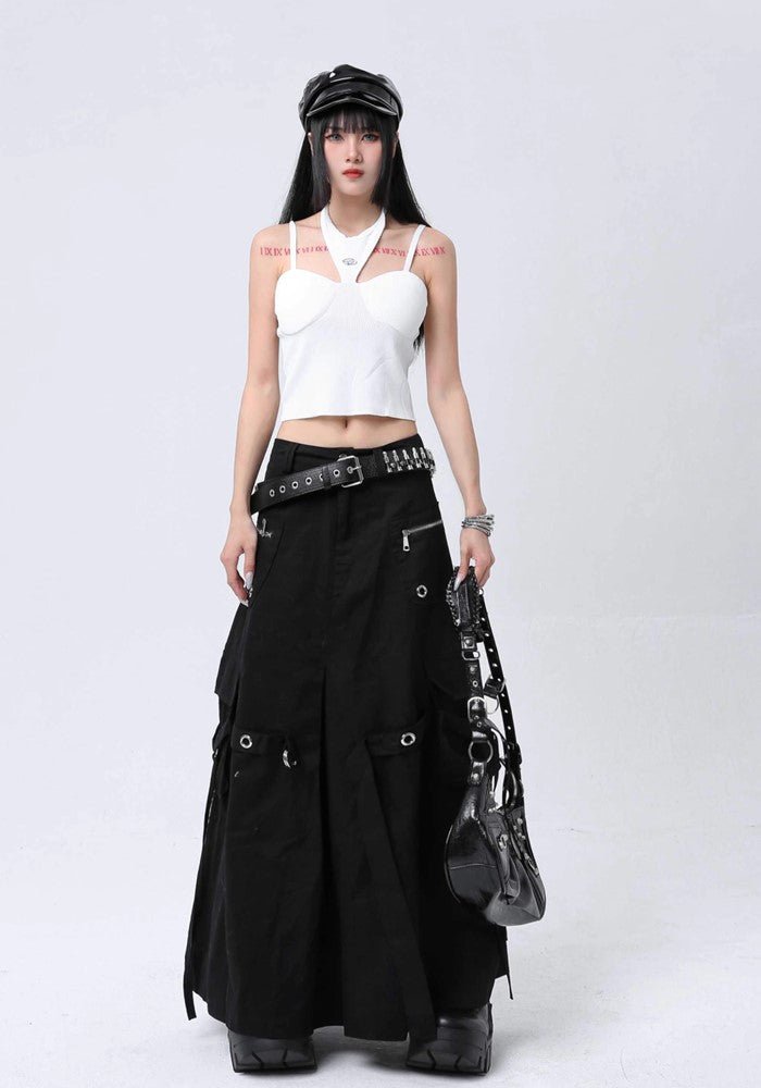 【ROY11】Wide over silhouette gimmick black skirt  RY0005