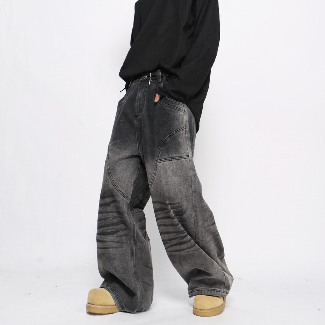 【Mz】Gradient gray black color wide straight denim pants  MZ0038