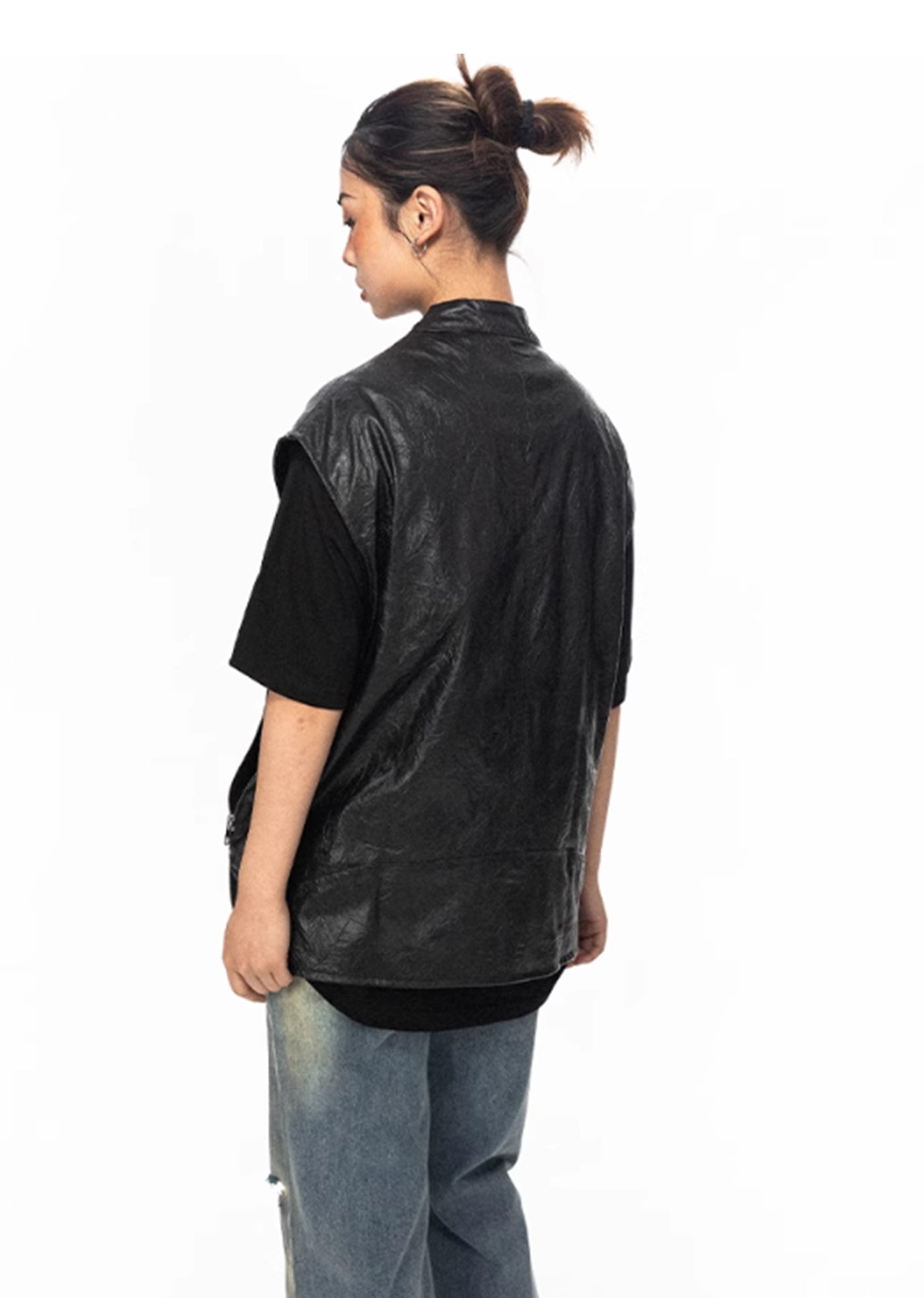 【BLACK BB】Black leather textured shiny flix vest  BK0020
