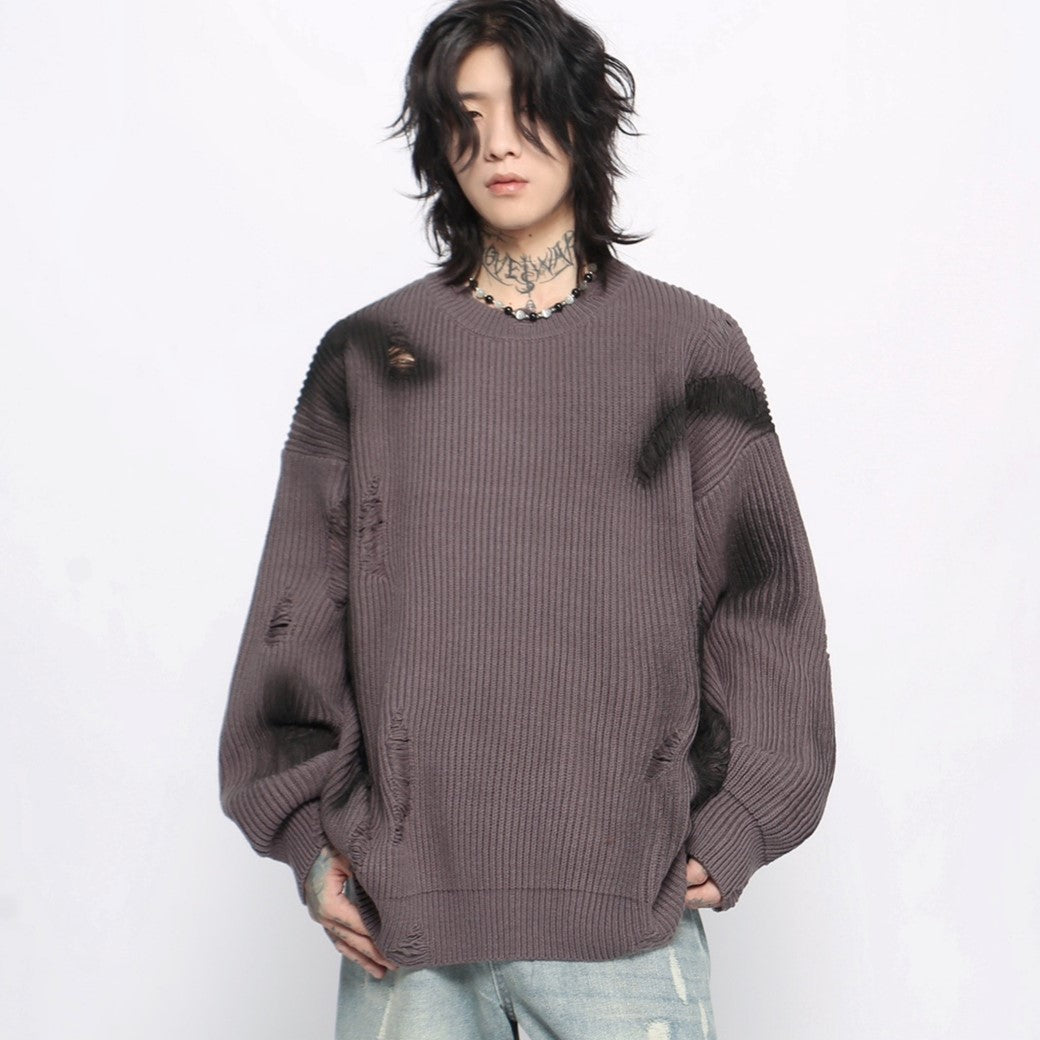 【Mz】Dark dull purple point wash line damage knit sweater  MZ0040