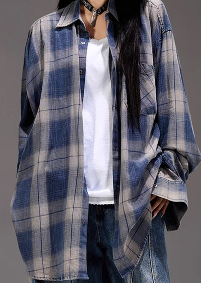 【MAXDSTR】Balanced check pattern dull blue color long sleeve shirt  MD0161