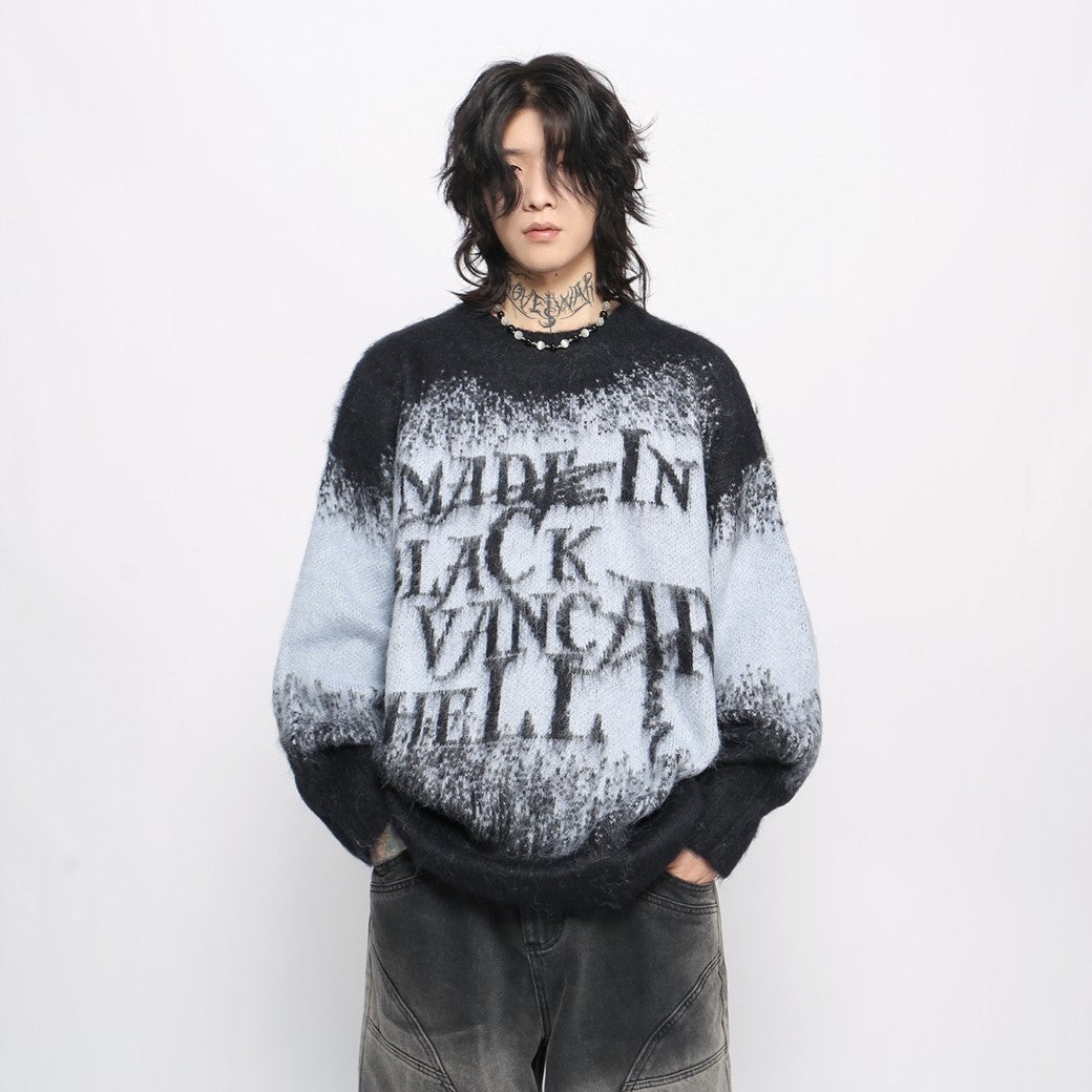 【Mz】Distorted Initial Front Design Blue Black Knit Sweater MZ0042 – HI ...