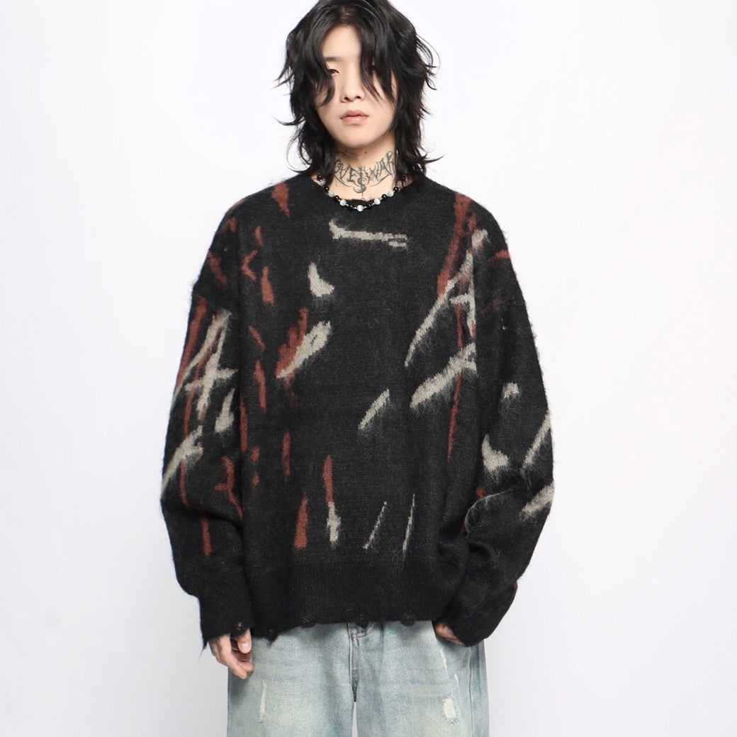 【Mz】Dark multi-color design mohair silhouette knit sweater  MZ0039