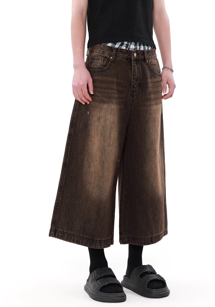 【MR nearly】Dirt washed brown color half silhouette denim pants  MR0123