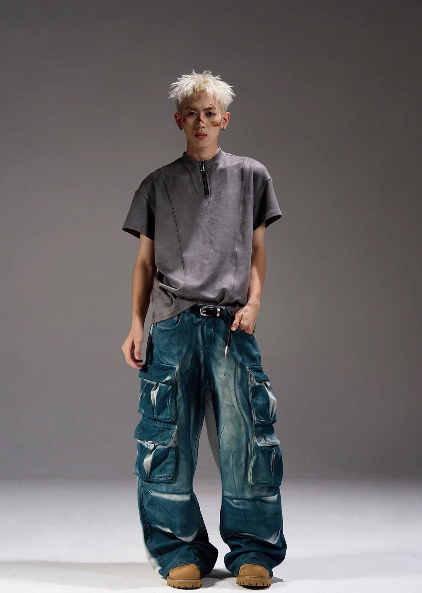 【MAXDSTR】Glossy gimmick fabric glossy design cargo denim pants  MD0162