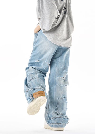 【H GANG X】White blue wide silhouette over denim pants  HX0041